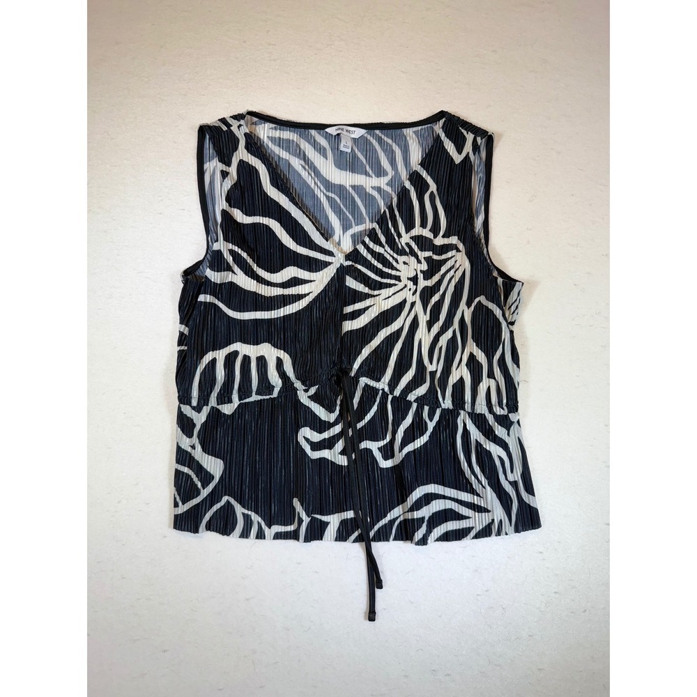 NINE WEST Women Black White Floral Pleated Sleeveless V-Neck Tie Waist Top L